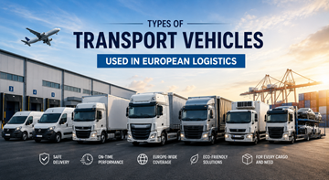 Eurooppalaisessa logistiikassa käytettävät eri kuljetusajoneuvot, mukaan lukien jakeluautot, kuorma-autot, puoliperävaunut ja kylmäkuljetusajoneuvot